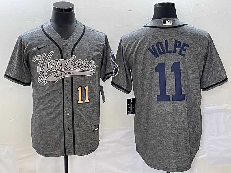 Mens New York Yankees #11 Anthony Volpe Number Grey Gridiron Cool Base Stitched Baseball Jersey